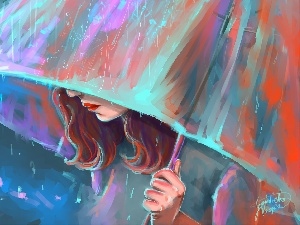 umbrella, girl, Umbrella, graphics, Rain, redhead