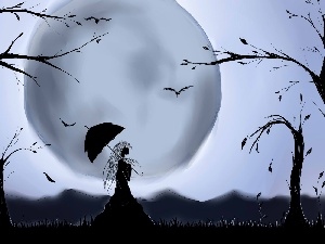 Women, Umbrella, moon