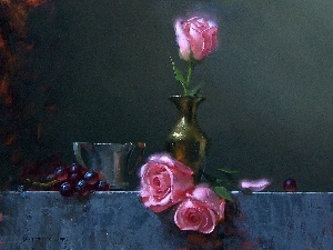 vase, roses, picture, Grapes