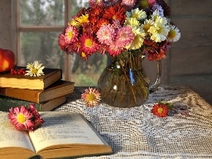 Vase, flowers, Books, tablecloth, bouquet