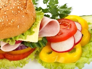 vegetables, ham, hamburger, cheese