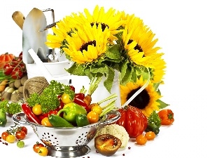 pepper, cucumbers, tomatoes, Nice sunflowers, composition, Bowl of Vegetables