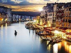 sun, Venice, canal, Houses, west, boats, Gondolas