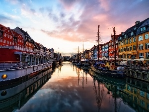 vessels, Nyhavn, west, houses, sun