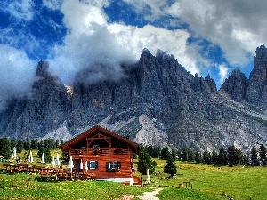 viewes, Restaurant, trees, Mountains, Austria, clouds