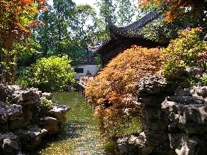 China, viewes, trees, Garden, Szanghai, Stones, water