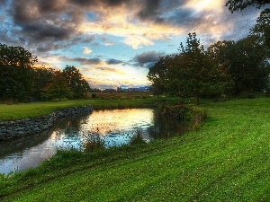 viewes, trees, brook, clouds, grass