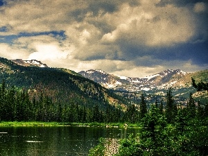 viewes, trees, Mountains, clouds, lake
