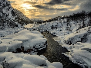 viewes, trees, winter, clouds, brook