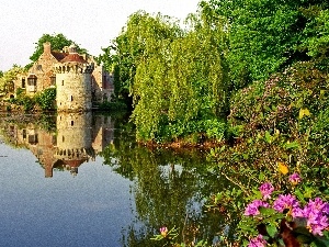England, viewes, trees, Castle, Kent, lake, Flowers