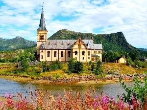 viewes, Mountains, trees, church, grass, brook