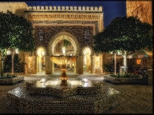 viewes, trees, Hotel hall, fountain