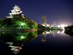 viewes, trees, Hotel hall, Hiroshima, water