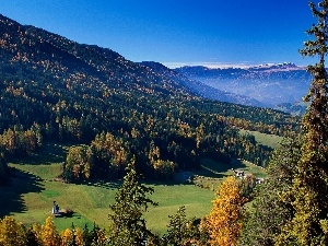 viewes, trees, Mountains, Home, medows