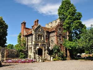 viewes, trees, manor-house, Flowers