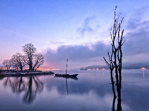 light, viewes, trees, lake, Dusk, Mountains, Lodz