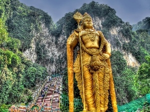 viewes, trees, Statue monument, Mountains