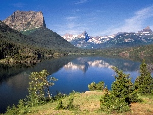 viewes, trees, Mountains, lake