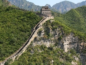 viewes, trees, wall, Mountains, Chinese