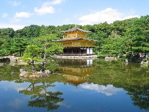 reflection, viewes, trees, Garden, water, japanese, alcove