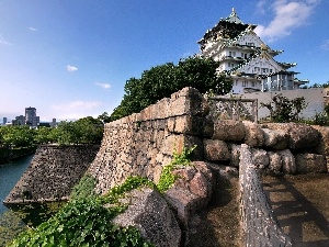 viewes, palace, trees, Japan, River, Osaka