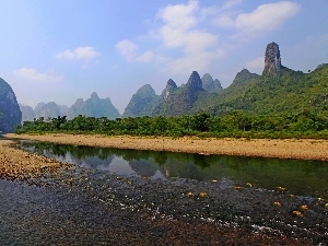 viewes, trees, River, Mountains