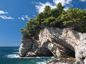 viewes, trees, sea, Rocks, clouds