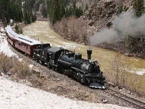 viewes, trees, Train, rocks, River