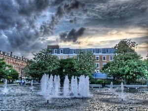 viewes, trees, fountain, Sky, buildings