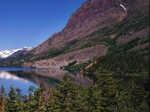 viewes, trees, Mountains, Sky, lake