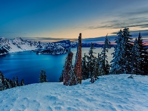 viewes, trees, lake, snow, Mountains