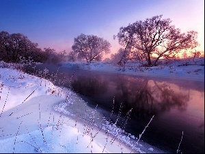 viewes, River, trees, west, snow, sun