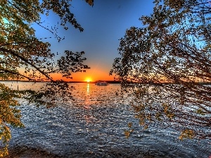 sun, viewes, trees, lake, west, Ship, cruise