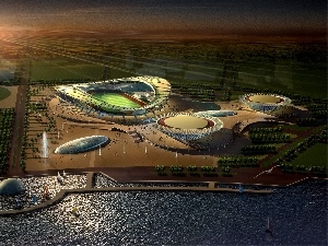 lake, viewes, west, Yachts, Project, stadiums, sun, trees