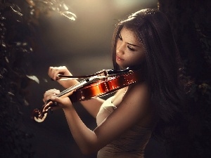 viewes, glow, trees, Women, violin, brunette