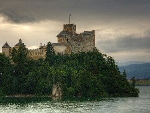 viewes, trees, Castle, water, niedzica