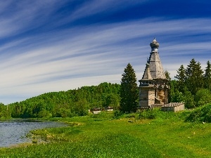 viewes, trees, church, water, orthodox