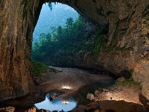 viewes, People, trees, rocks, water, cave