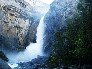 viewes, trees, waterfall, rocks