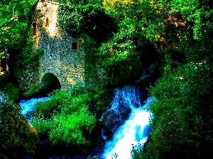 viewes, trees, waterfall, ruins