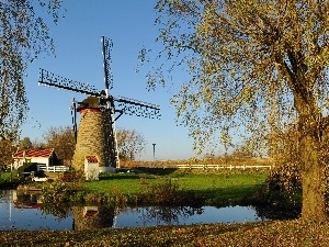 viewes, trees, Windmill, brook