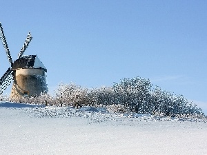 viewes, trees, Windmill, snow