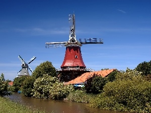 viewes, trees, Windmills, River