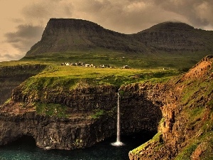 village, waterfall, Norway, sea, mountains