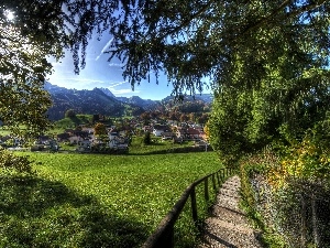 village, Meadow, Houses, Way, Switzerland, forest