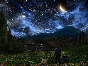 Gogh, Vincent, picture, moon, van, trees, viewes