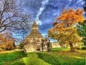 vintage, viewes, Leaf, grass, structures, trees