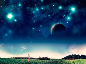 walking, Planets, Sky, girl, star