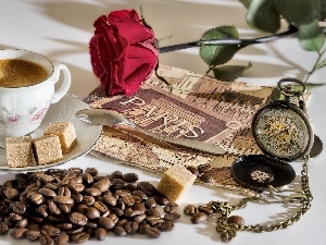 composition, Watch, cake, cup, pocket, coffee, rose