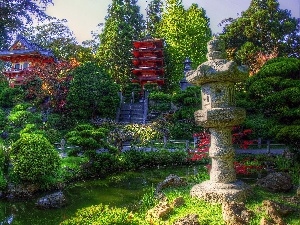 Houses, water, container, japanese, Flower-beds, Garden, Alleys